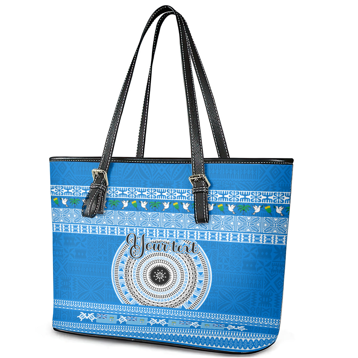 Personalised Fiji Marau Na Kerisimasi Leather Tote Bag Merry Christmas Tapa Pattern Blue Style LT9