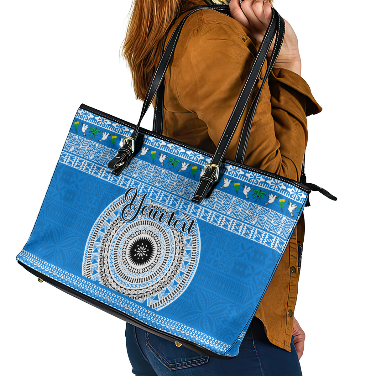 Personalised Fiji Marau Na Kerisimasi Leather Tote Bag Merry Christmas Tapa Pattern Blue Style LT9