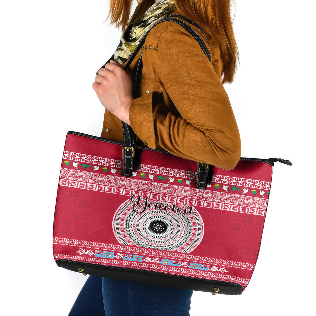 Personalised Fiji Marau Na Kerisimasi Leather Tote Bag Merry Christmas Tapa Pattern Red Style LT9