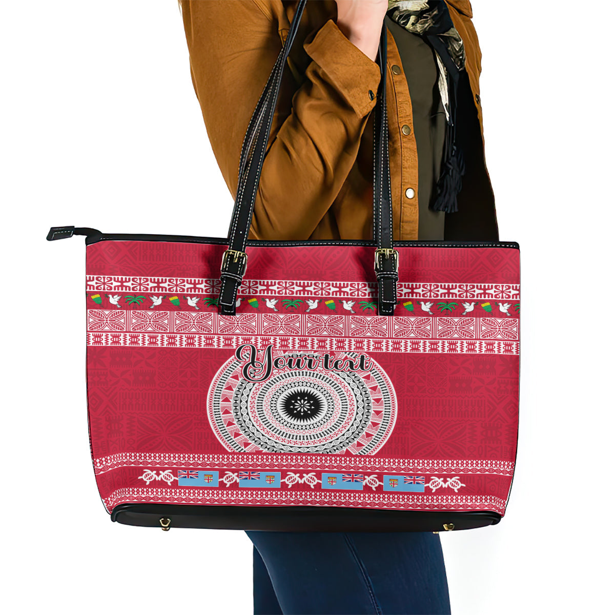 Personalised Fiji Marau Na Kerisimasi Leather Tote Bag Merry Christmas Tapa Pattern Red Style LT9