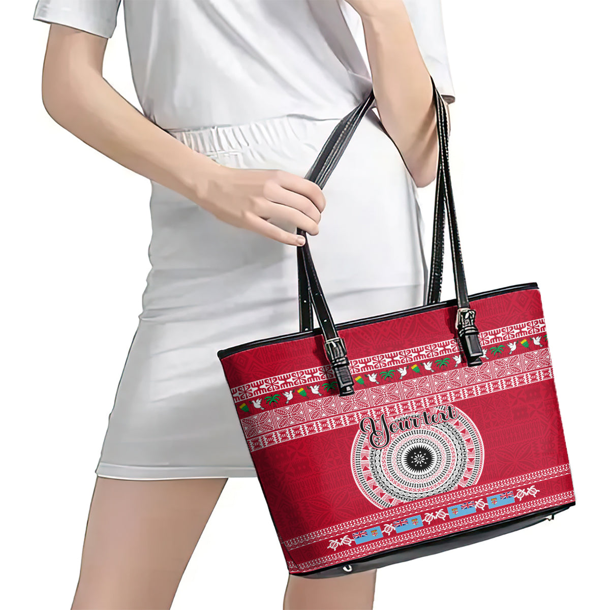 Personalised Fiji Marau Na Kerisimasi Leather Tote Bag Merry Christmas Tapa Pattern Red Style LT9