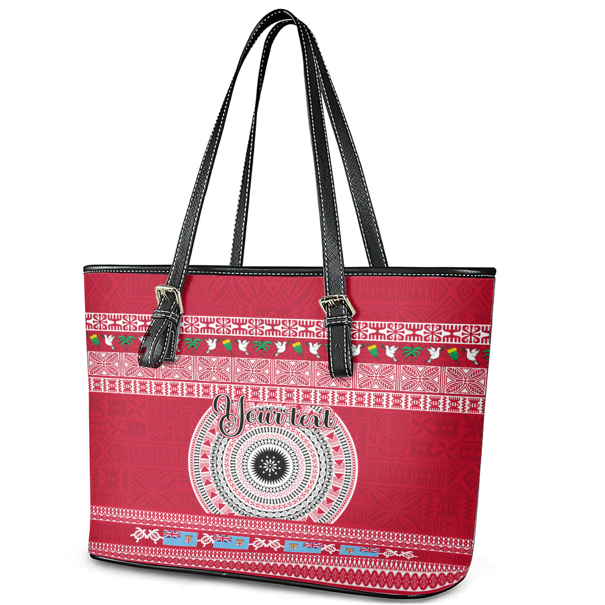 Personalised Fiji Marau Na Kerisimasi Leather Tote Bag Merry Christmas Tapa Pattern Red Style LT9