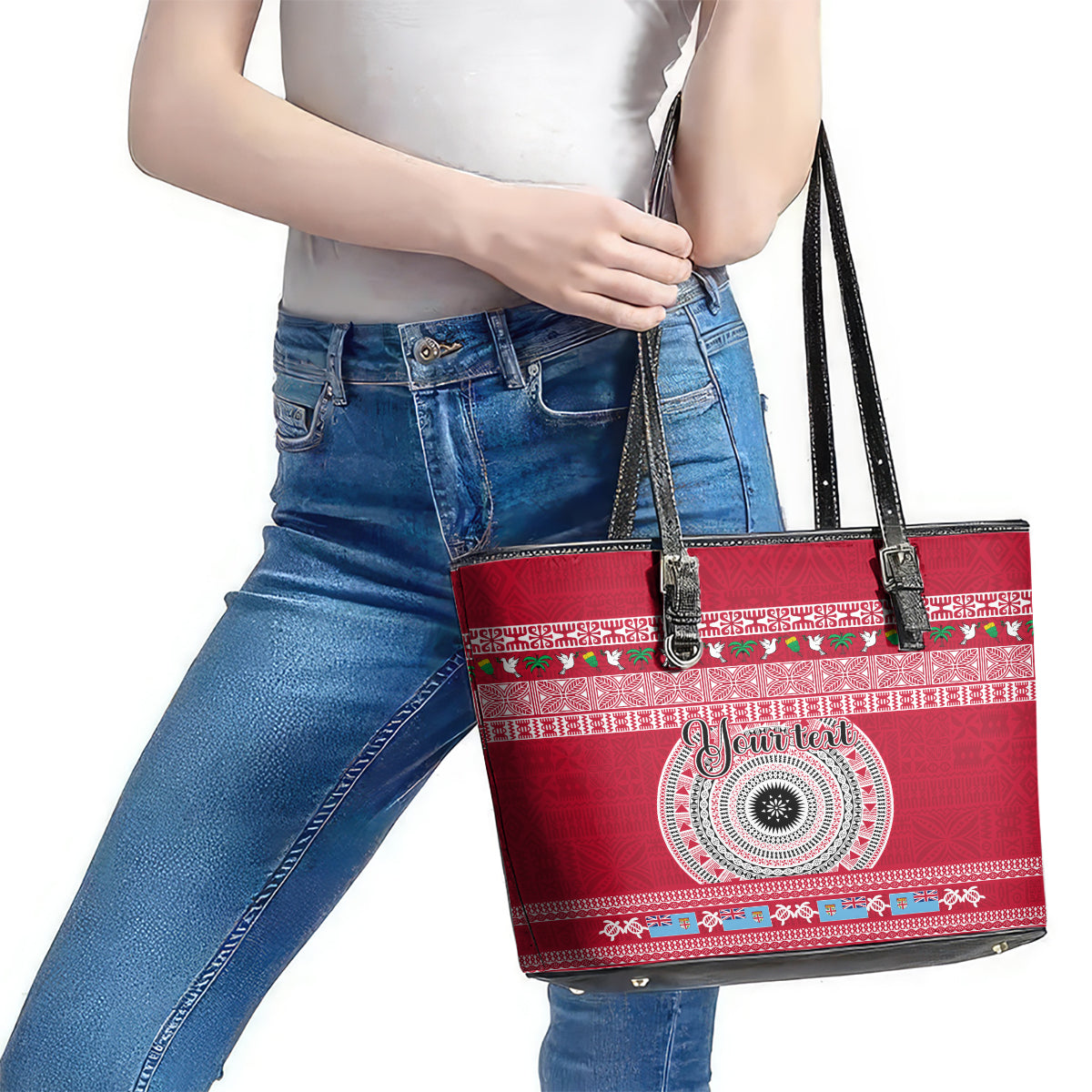 Personalised Fiji Marau Na Kerisimasi Leather Tote Bag Merry Christmas Tapa Pattern Red Style LT9