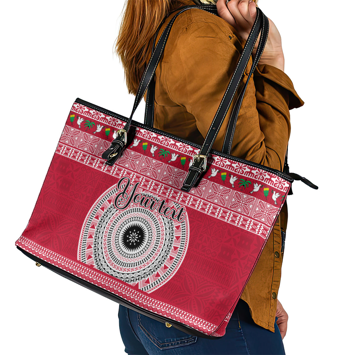 Personalised Fiji Marau Na Kerisimasi Leather Tote Bag Merry Christmas Tapa Pattern Red Style LT9
