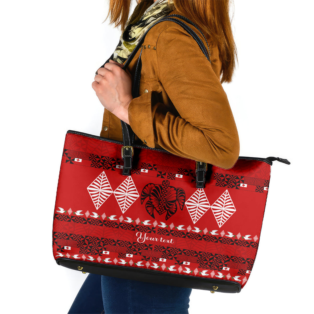 Personalised Tonga Kilisimasi Fiefia Leather Tote Bag Merry Christmas with Turtle Ngatu Pattern LT9