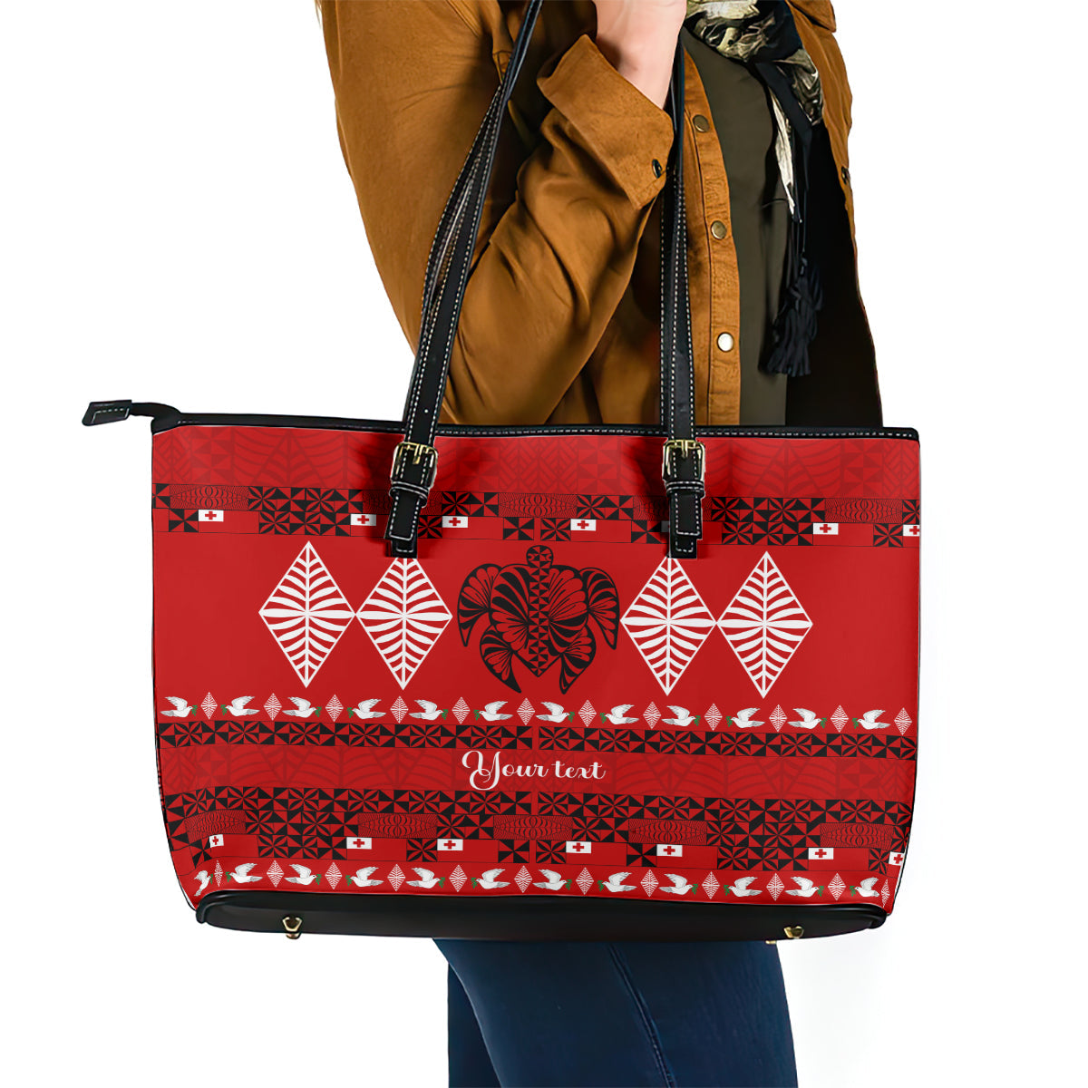 Personalised Tonga Kilisimasi Fiefia Leather Tote Bag Merry Christmas with Turtle Ngatu Pattern LT9