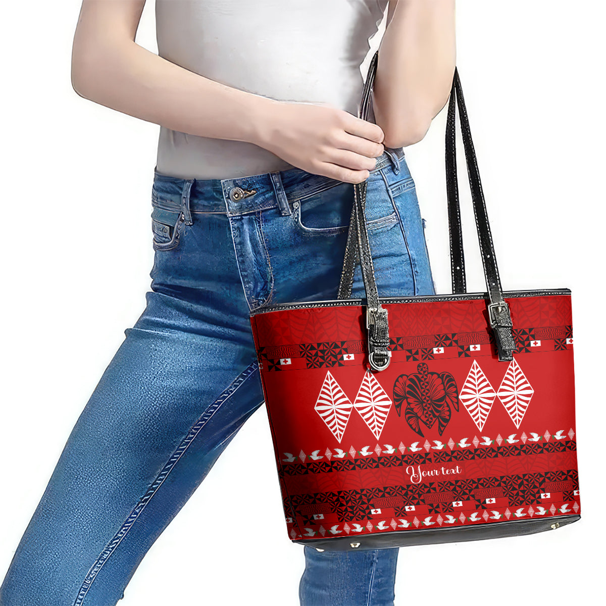 Personalised Tonga Kilisimasi Fiefia Leather Tote Bag Merry Christmas with Turtle Ngatu Pattern LT9
