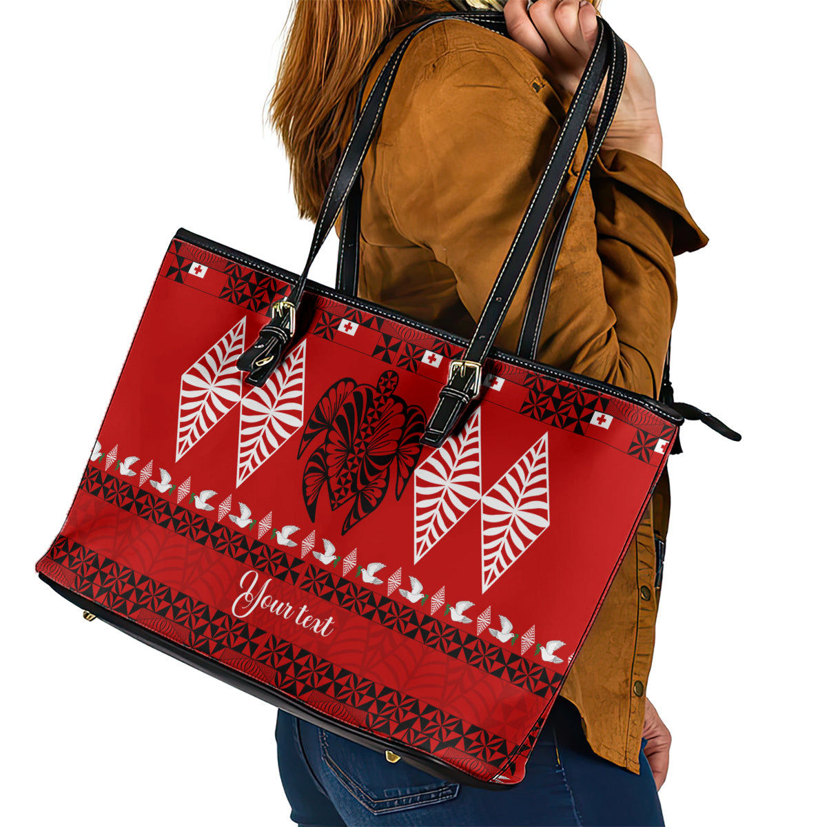 Personalised Tonga Kilisimasi Fiefia Leather Tote Bag Merry Christmas with Turtle Ngatu Pattern LT9