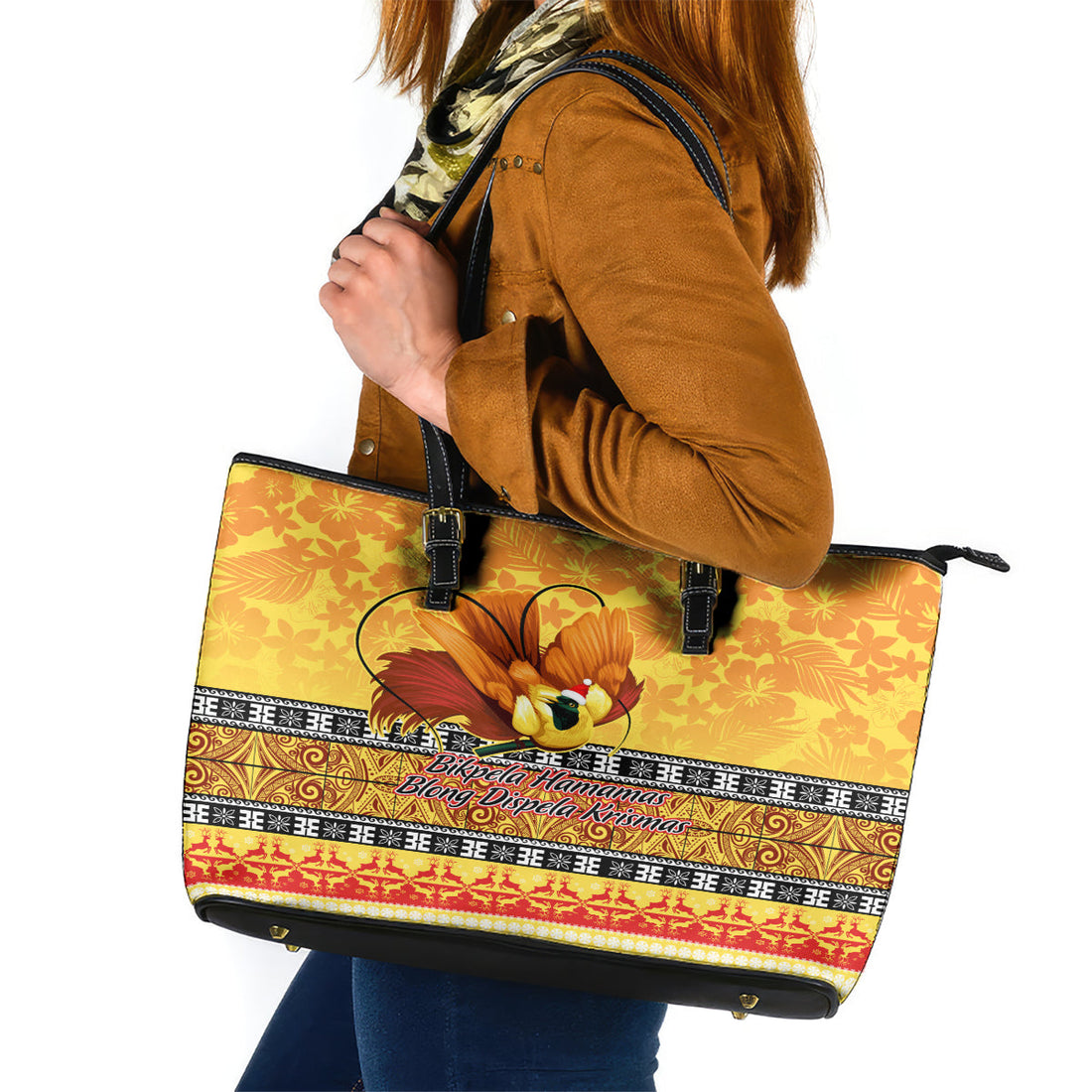 PNG Hamamas Krismas Leather Tote Bag Papua New Guinea Bird Of Paradise Merry Christmas Gold Style LT9