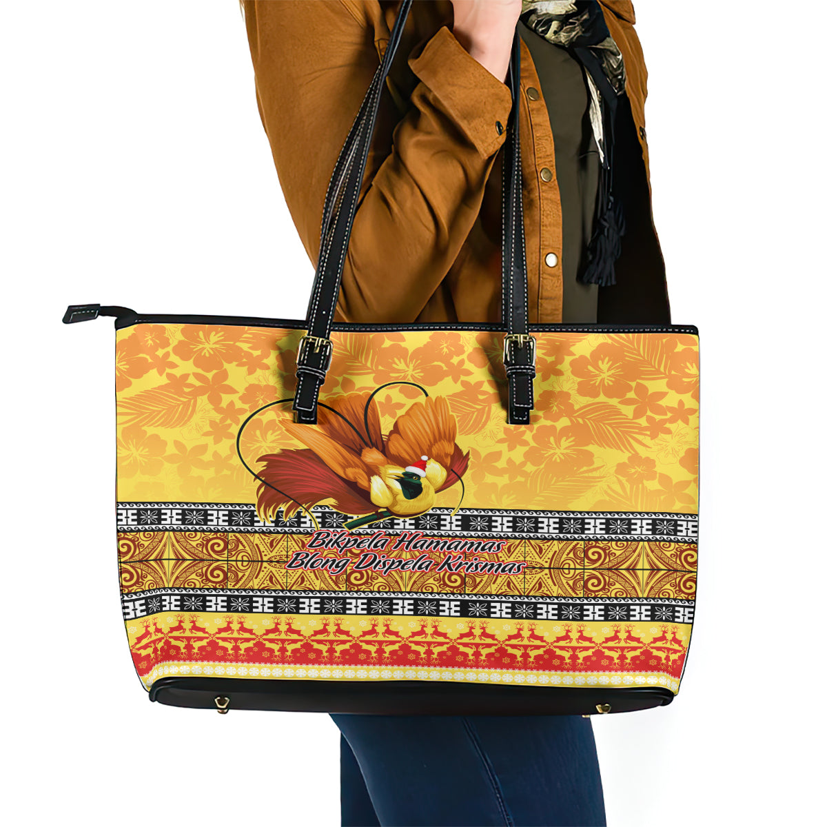 PNG Hamamas Krismas Leather Tote Bag Papua New Guinea Bird Of Paradise Merry Christmas Gold Style LT9