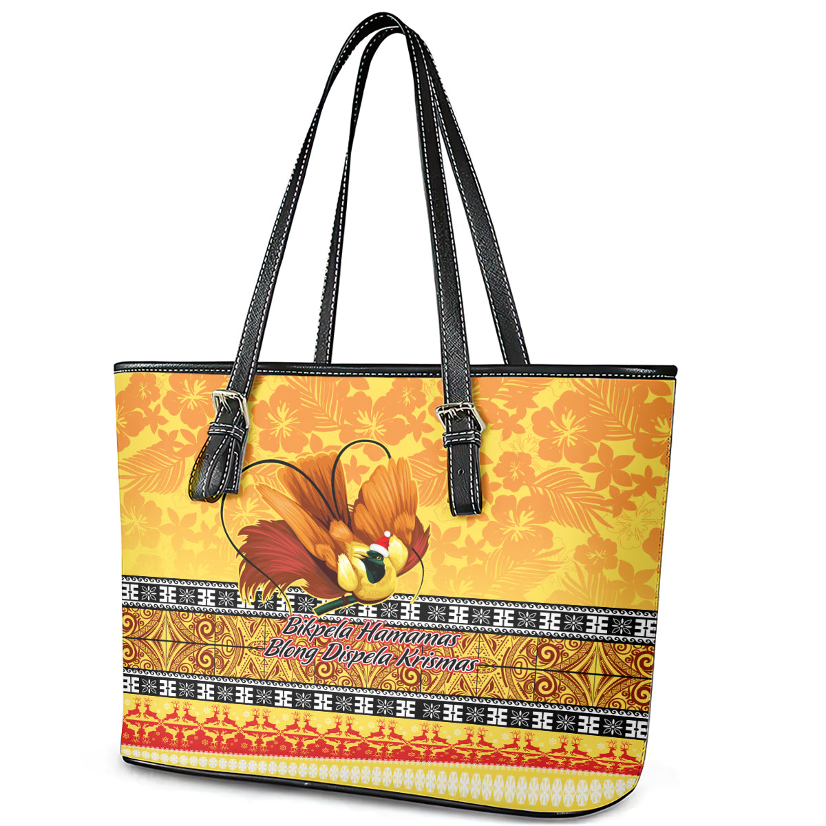 PNG Hamamas Krismas Leather Tote Bag Papua New Guinea Bird Of Paradise Merry Christmas Gold Style LT9