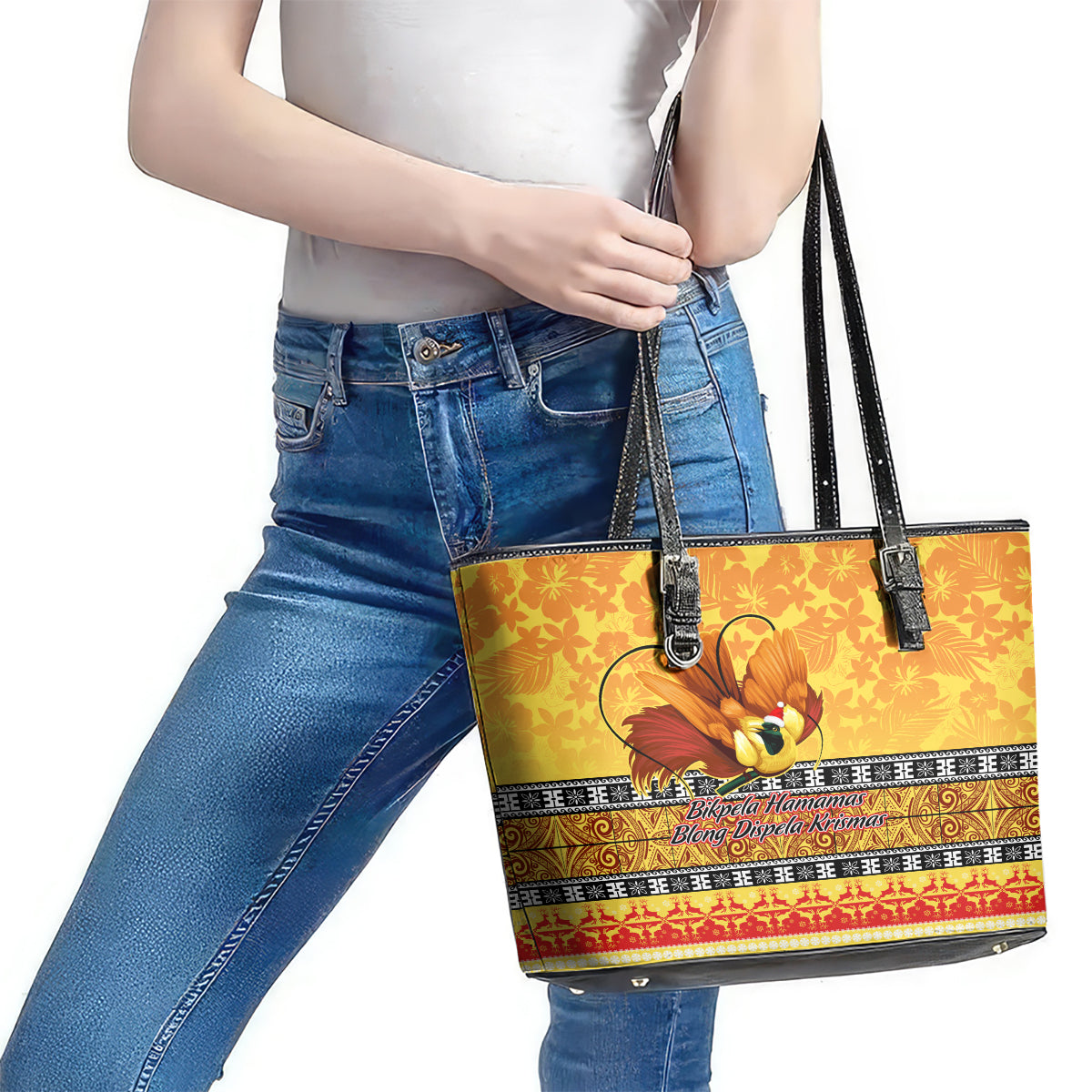 PNG Hamamas Krismas Leather Tote Bag Papua New Guinea Bird Of Paradise Merry Christmas Gold Style LT9