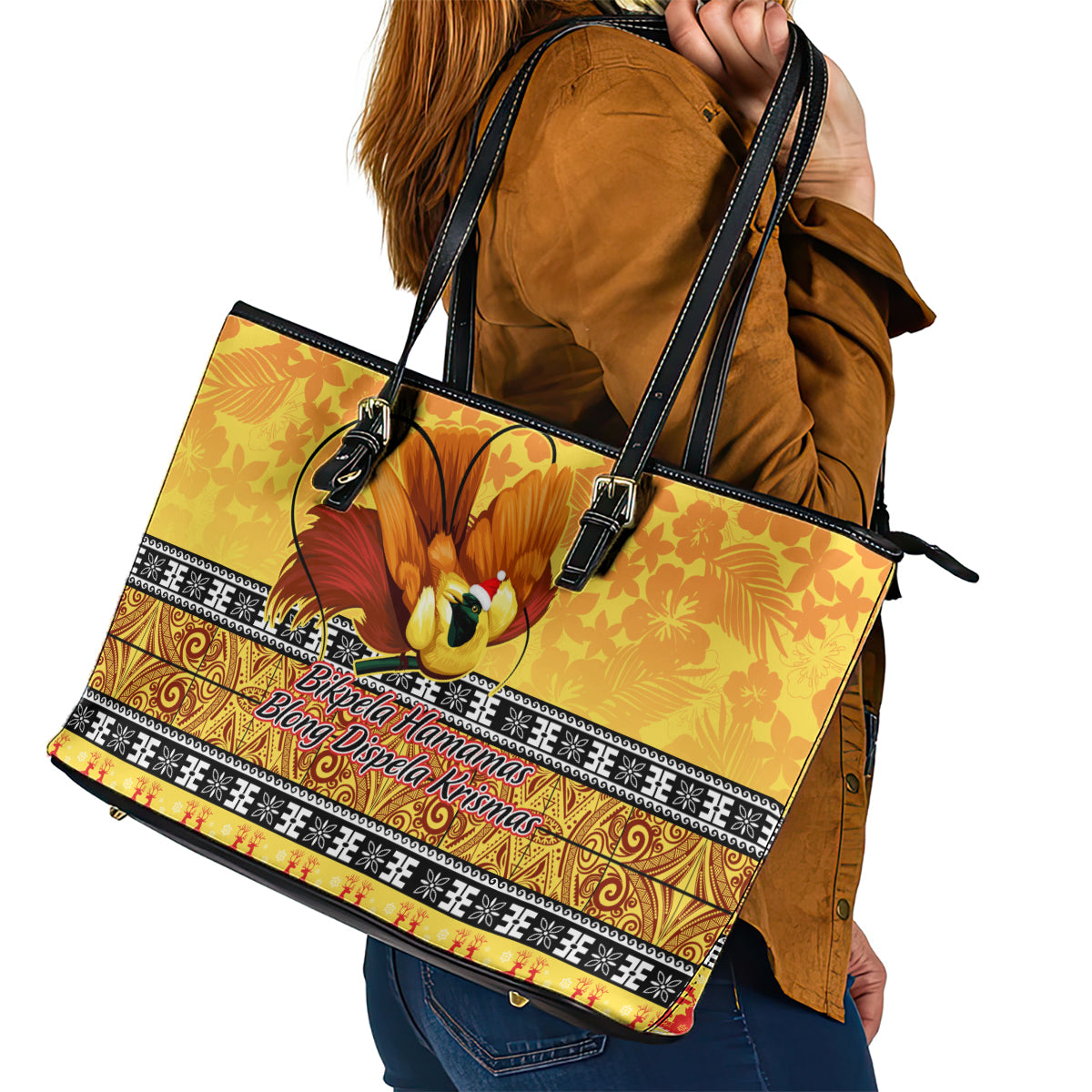PNG Hamamas Krismas Leather Tote Bag Papua New Guinea Bird Of Paradise Merry Christmas Gold Style LT9
