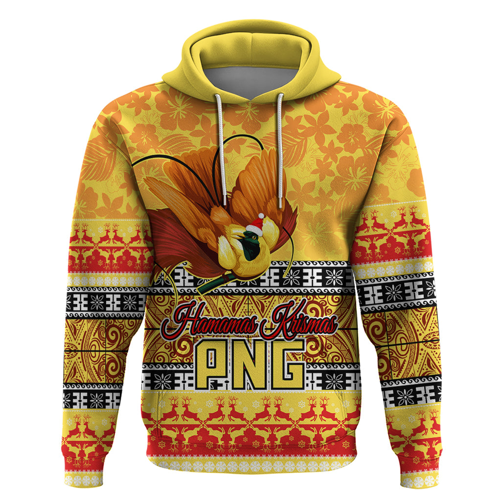 Personalised PNG Hamamas Krismas Hoodie Papua New Guinea Bird Of Paradise Merry Christmas Gold Style LT9