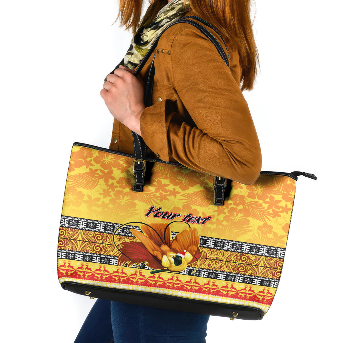 Personalised PNG Hamamas Krismas Leather Tote Bag Papua New Guinea Bird Of Paradise Merry Christmas Gold Style LT9