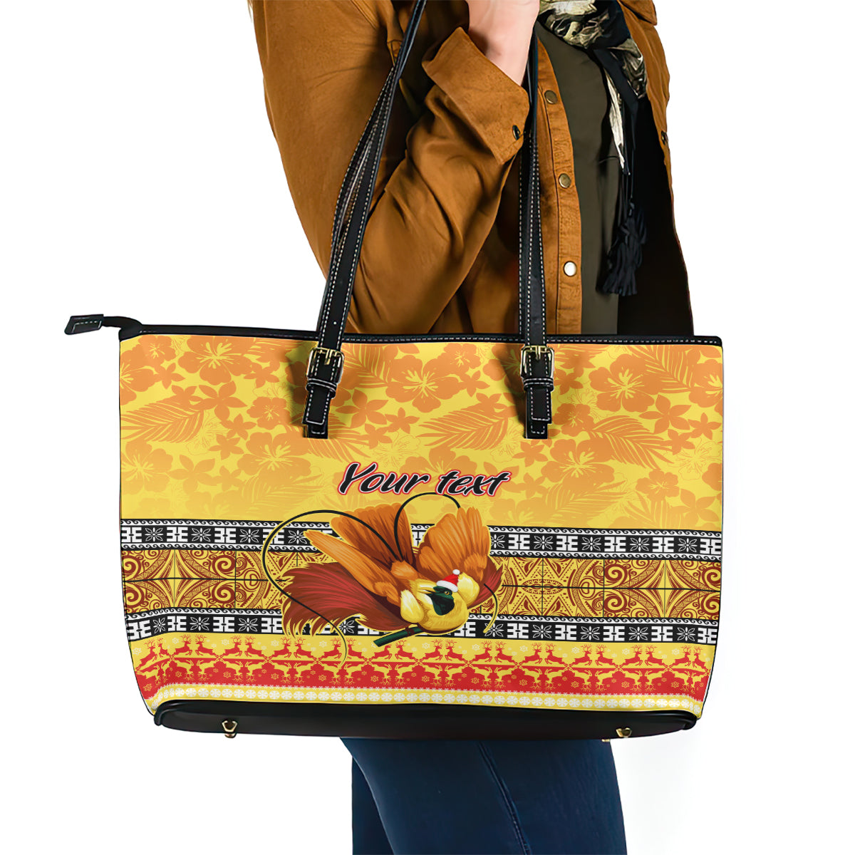 Personalised PNG Hamamas Krismas Leather Tote Bag Papua New Guinea Bird Of Paradise Merry Christmas Gold Style LT9