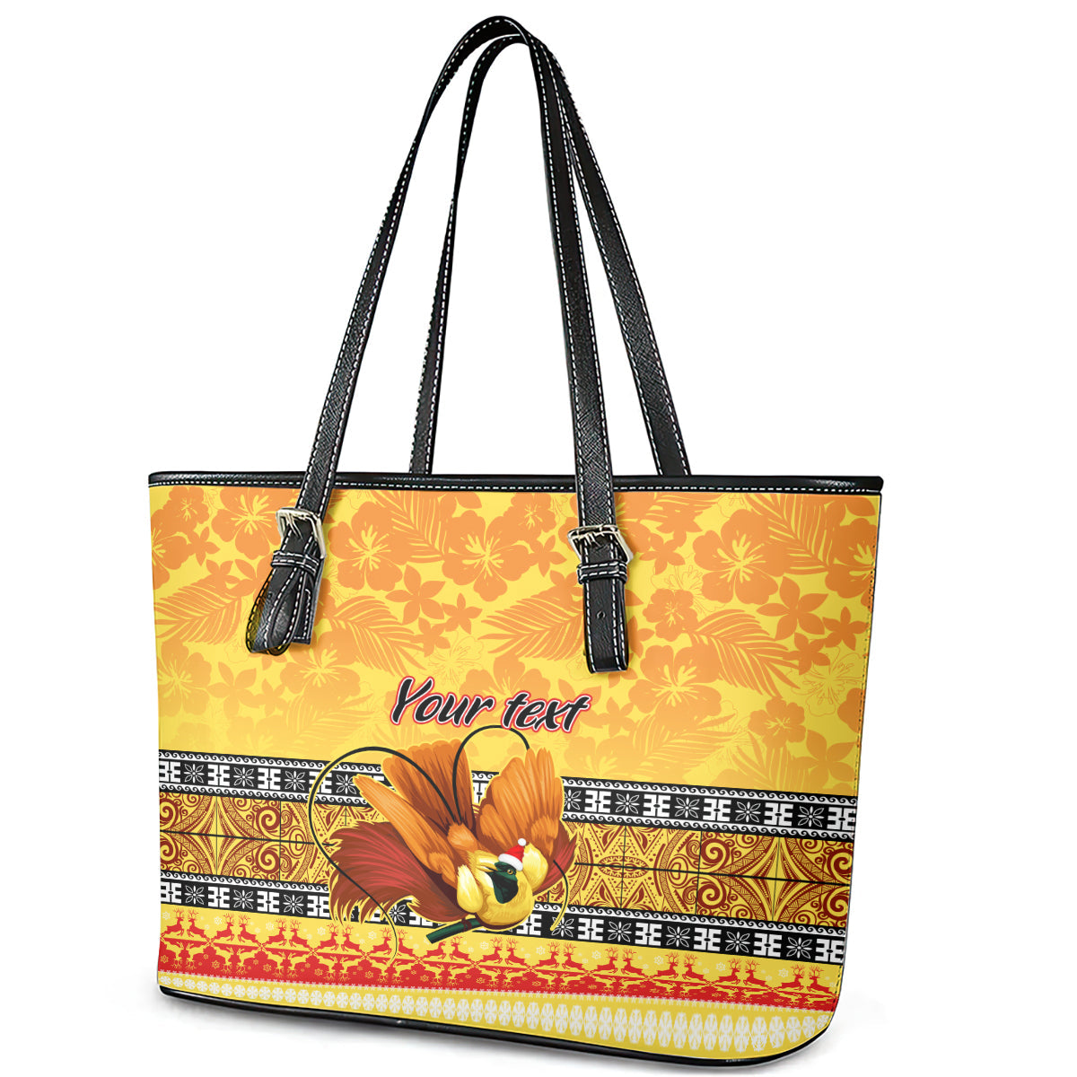 Personalised PNG Hamamas Krismas Leather Tote Bag Papua New Guinea Bird Of Paradise Merry Christmas Gold Style LT9