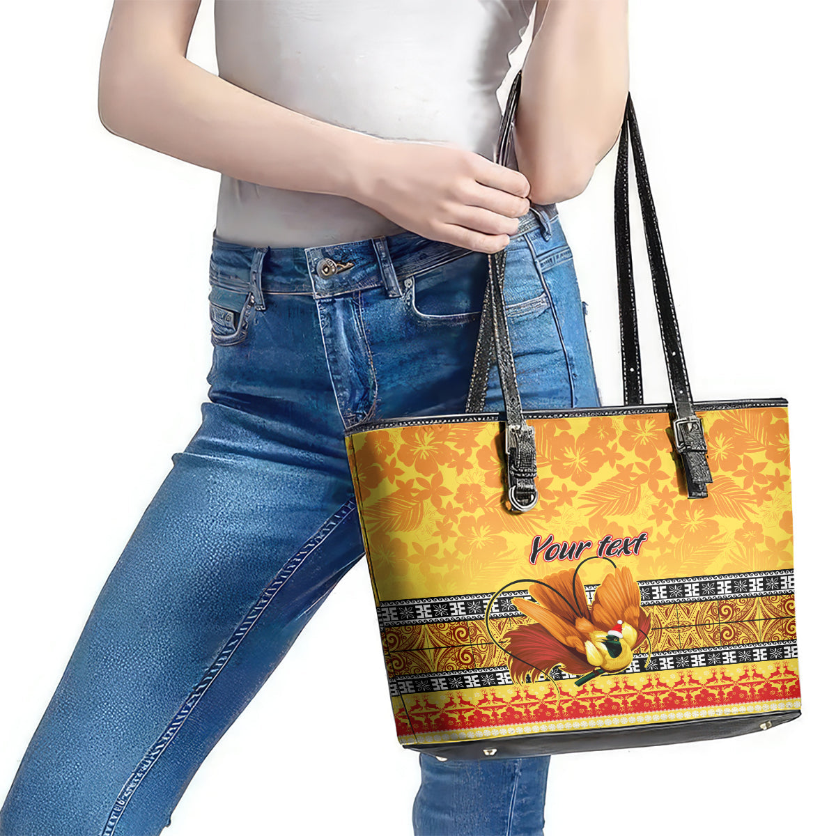 Personalised PNG Hamamas Krismas Leather Tote Bag Papua New Guinea Bird Of Paradise Merry Christmas Gold Style LT9