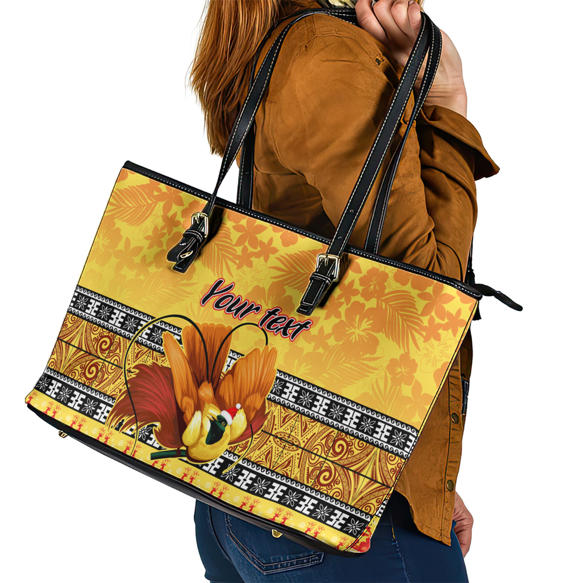 Personalised PNG Hamamas Krismas Leather Tote Bag Papua New Guinea Bird Of Paradise Merry Christmas Gold Style LT9