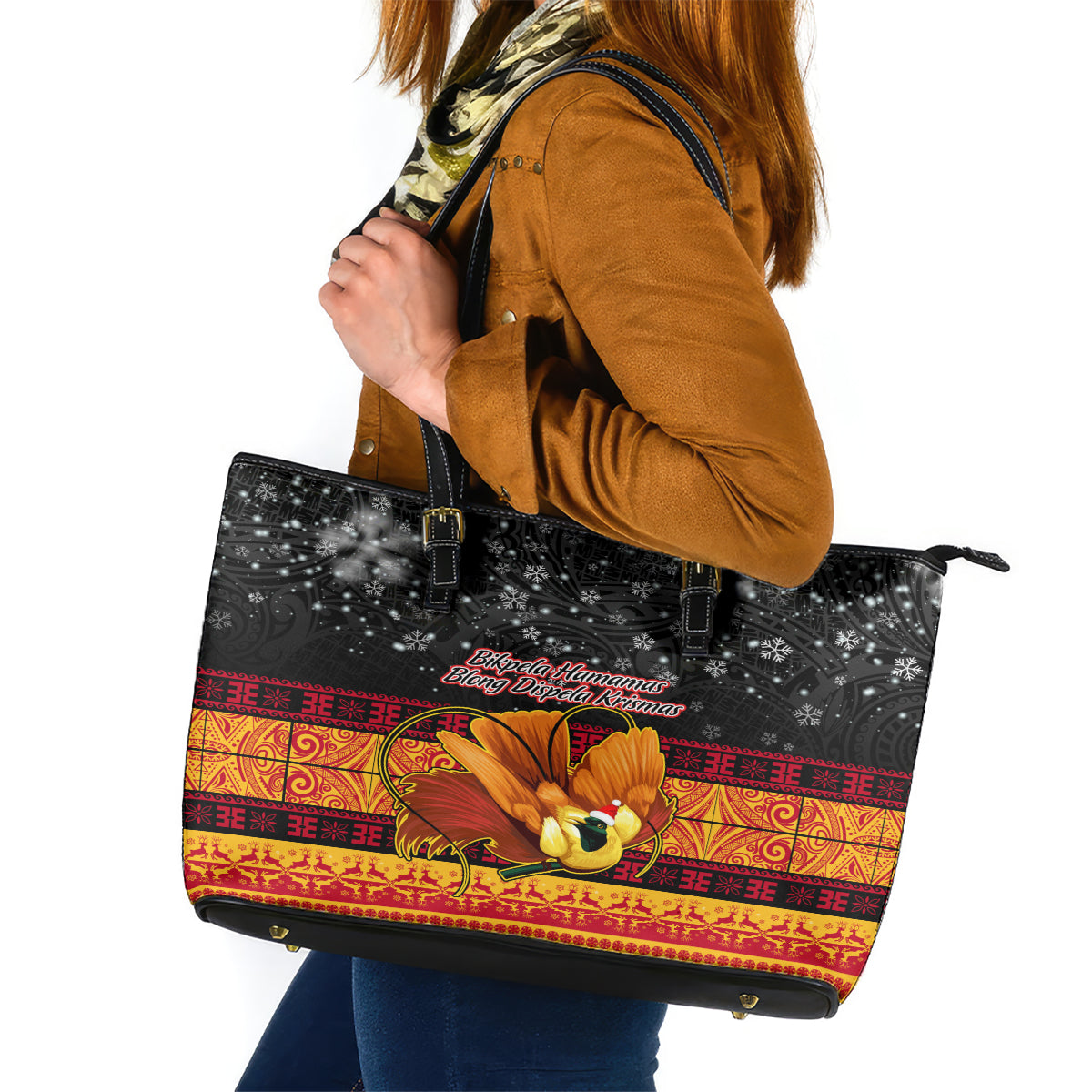 PNG Hamamas Krismas Leather Tote Bag Papua New Guinea Bird Of Paradise Merry Christmas Black Style LT9