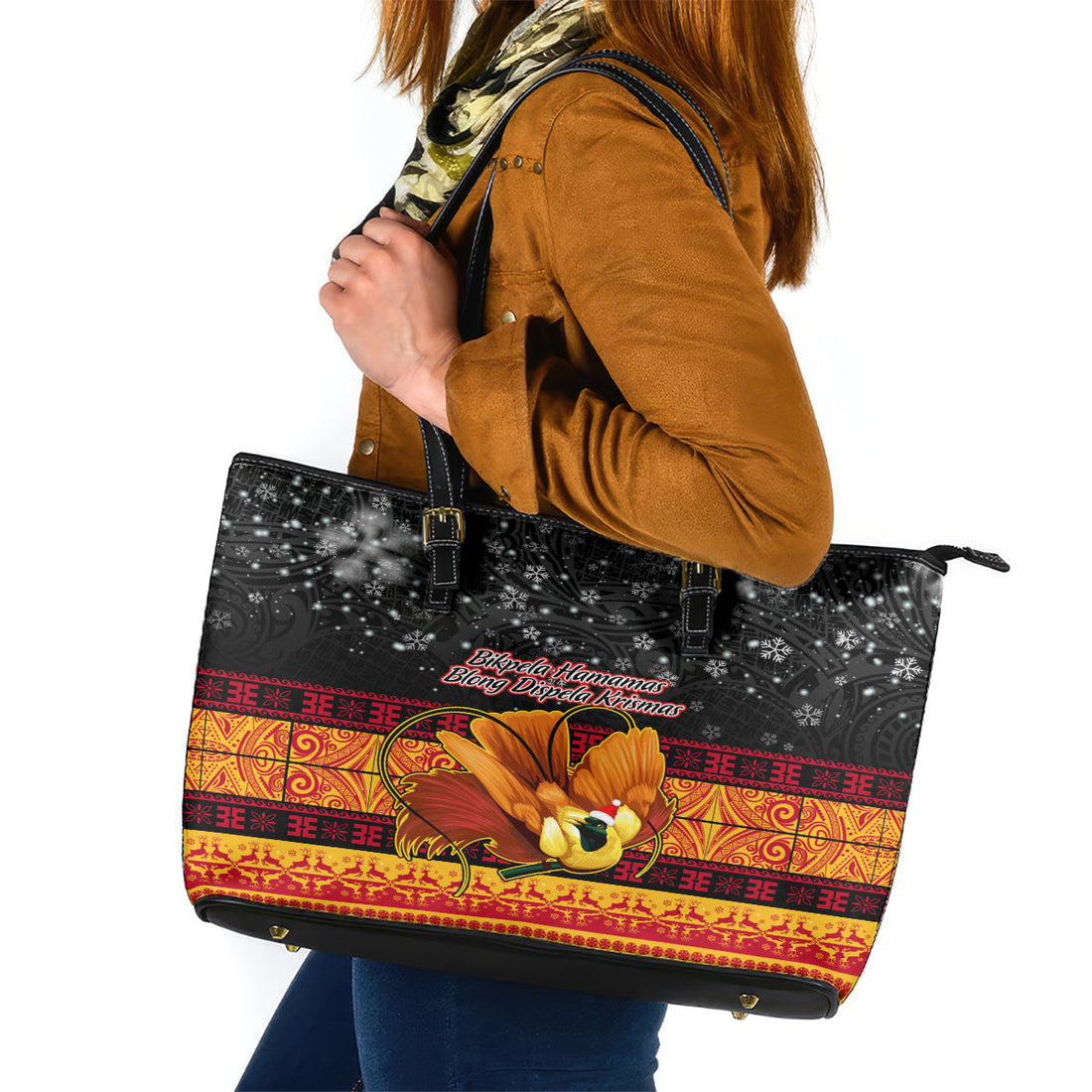 PNG Hamamas Krismas Leather Tote Bag Papua New Guinea Bird Of Paradise Merry Christmas Black Style LT9