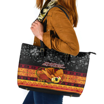 PNG Hamamas Krismas Leather Tote Bag Papua New Guinea Bird Of Paradise Merry Christmas Black Style LT9