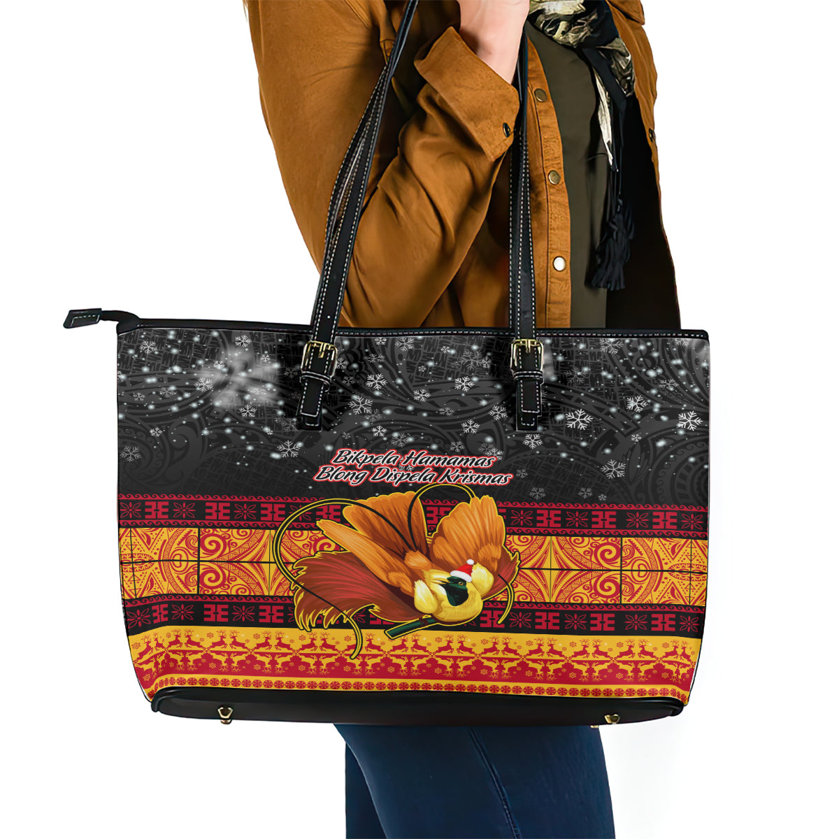 PNG Hamamas Krismas Leather Tote Bag Papua New Guinea Bird Of Paradise Merry Christmas Black Style LT9