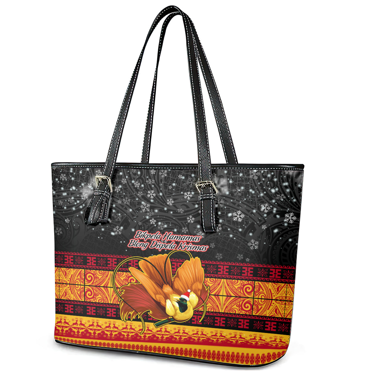 PNG Hamamas Krismas Leather Tote Bag Papua New Guinea Bird Of Paradise Merry Christmas Black Style LT9