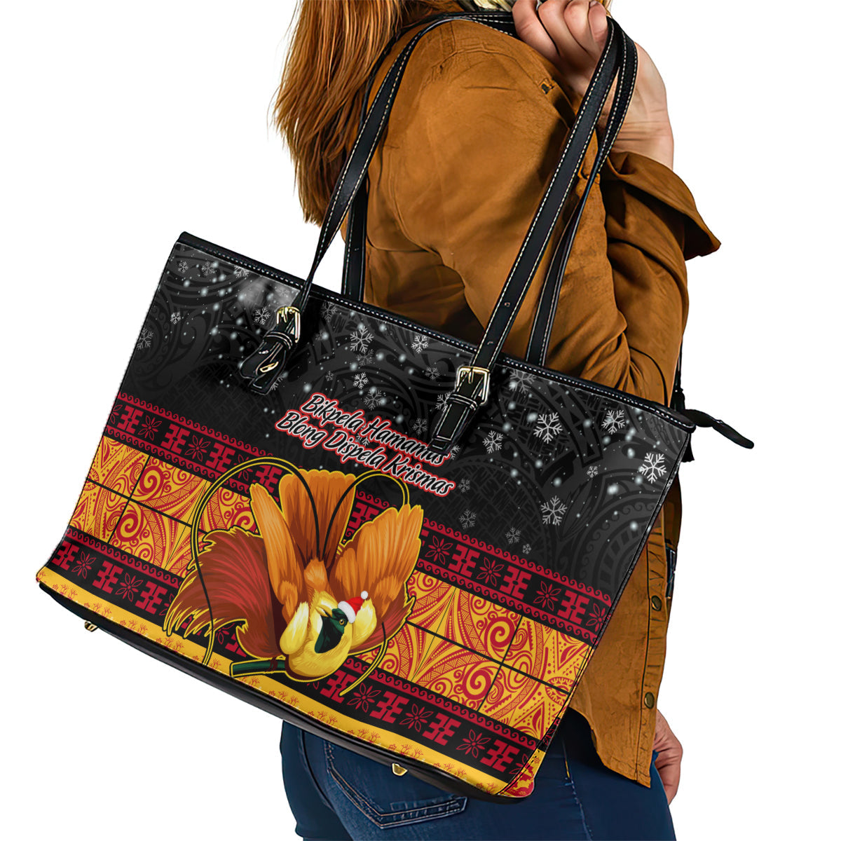 PNG Hamamas Krismas Leather Tote Bag Papua New Guinea Bird Of Paradise Merry Christmas Black Style LT9