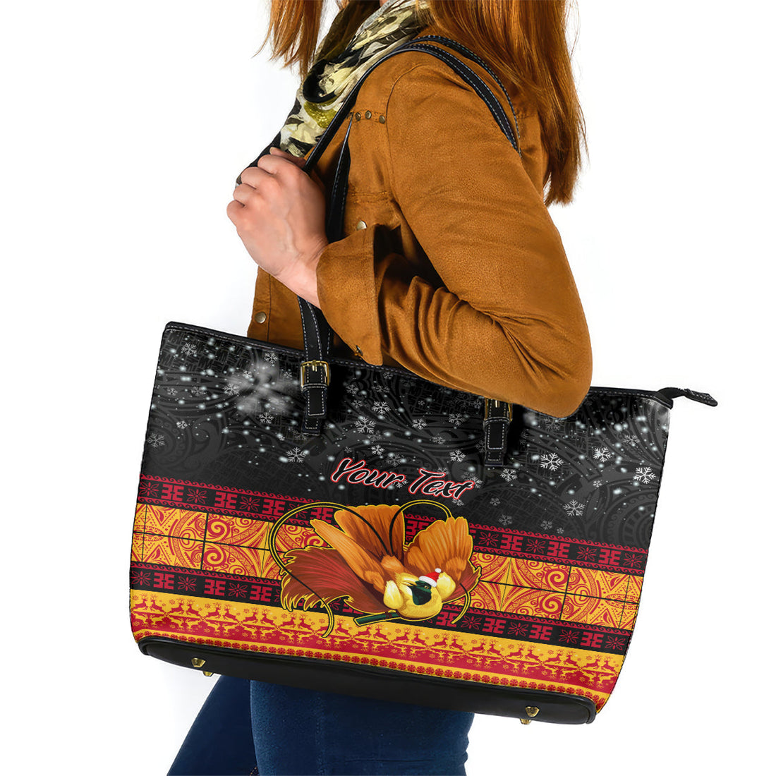 Personalised PNG Hamamas Krismas Leather Tote Bag Papua New Guinea Bird Of Paradise Merry Christmas Black Style LT9