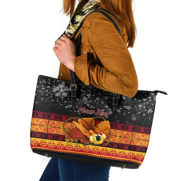 Personalised PNG Hamamas Krismas Leather Tote Bag Papua New Guinea Bird Of Paradise Merry Christmas Black Style LT9