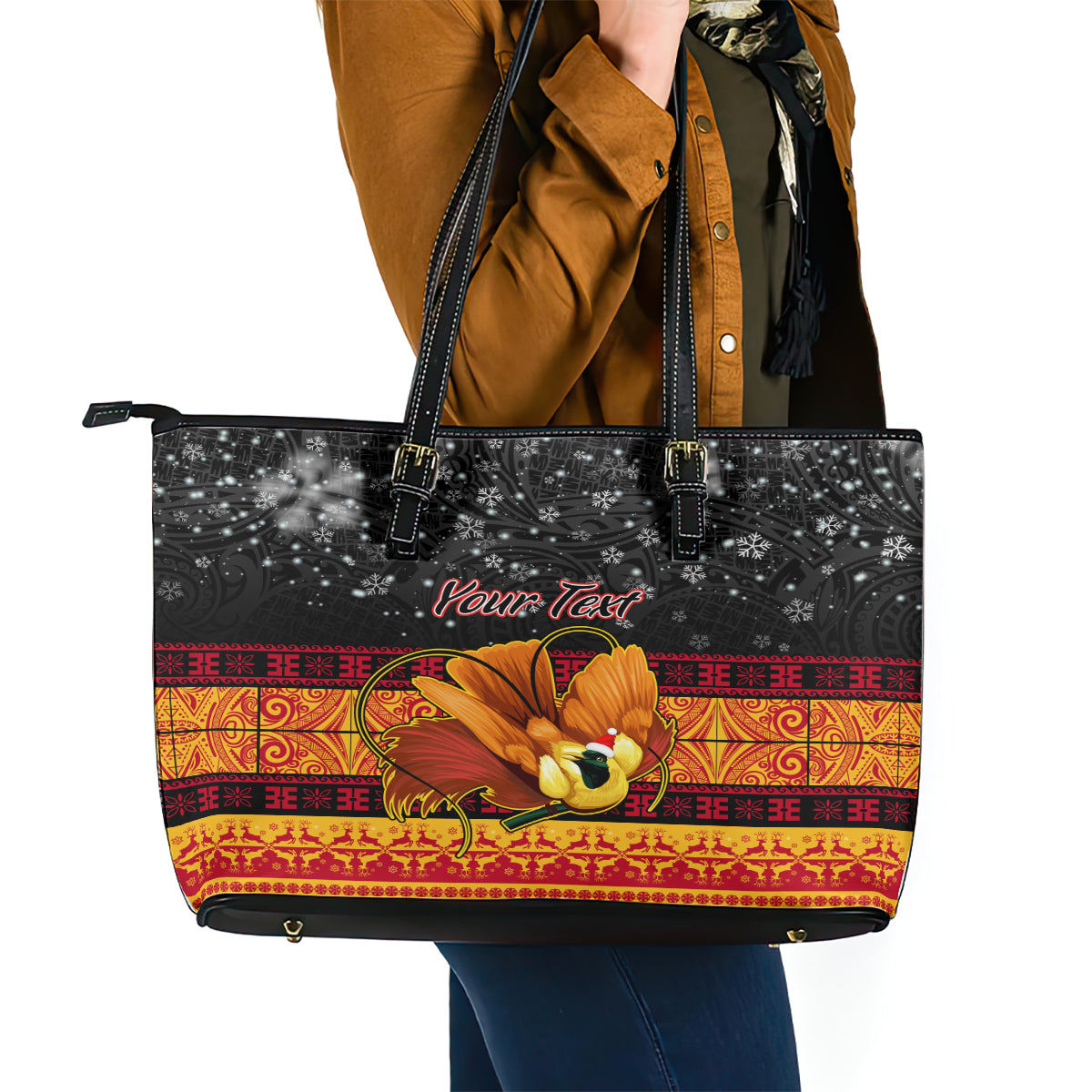 Personalised PNG Hamamas Krismas Leather Tote Bag Papua New Guinea Bird Of Paradise Merry Christmas Black Style LT9