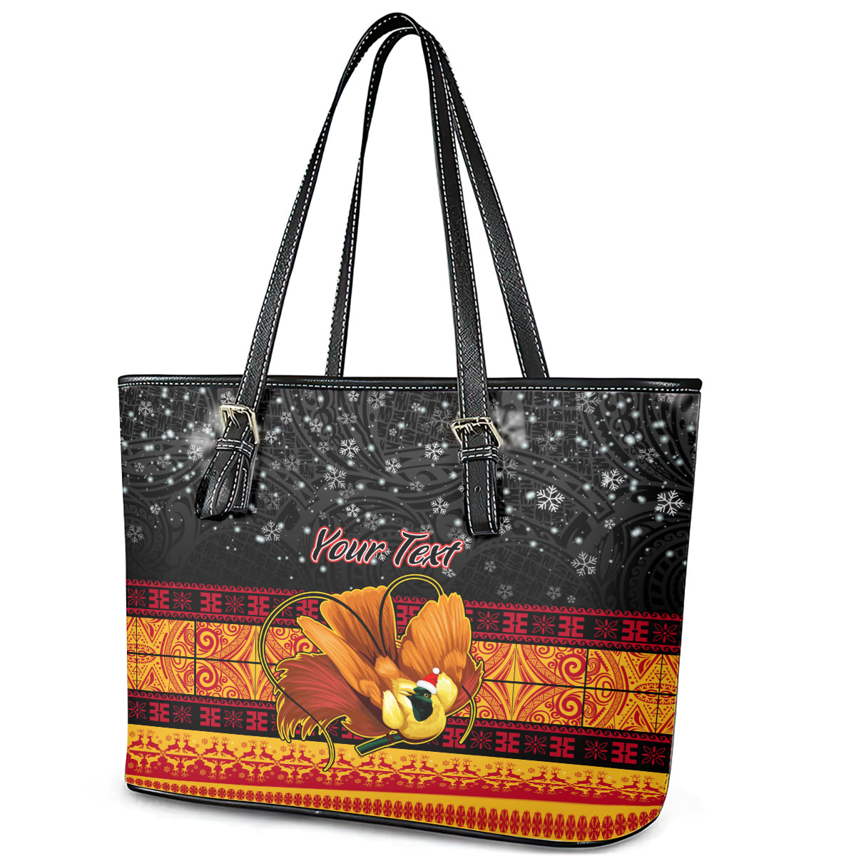 Personalised PNG Hamamas Krismas Leather Tote Bag Papua New Guinea Bird Of Paradise Merry Christmas Black Style LT9