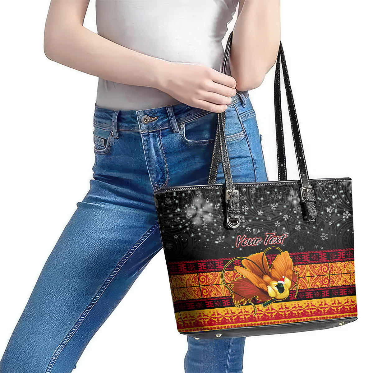 Personalised PNG Hamamas Krismas Leather Tote Bag Papua New Guinea Bird Of Paradise Merry Christmas Black Style LT9