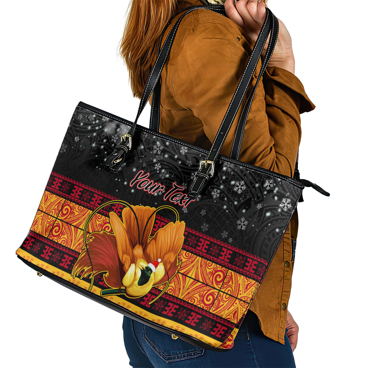 Personalised PNG Hamamas Krismas Leather Tote Bag Papua New Guinea Bird Of Paradise Merry Christmas Black Style LT9