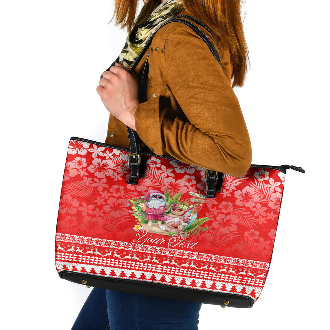 Personalised Hawaii Mele Kalikimaka Leather Tote Bag Santa Beach Merry Christmas LT9