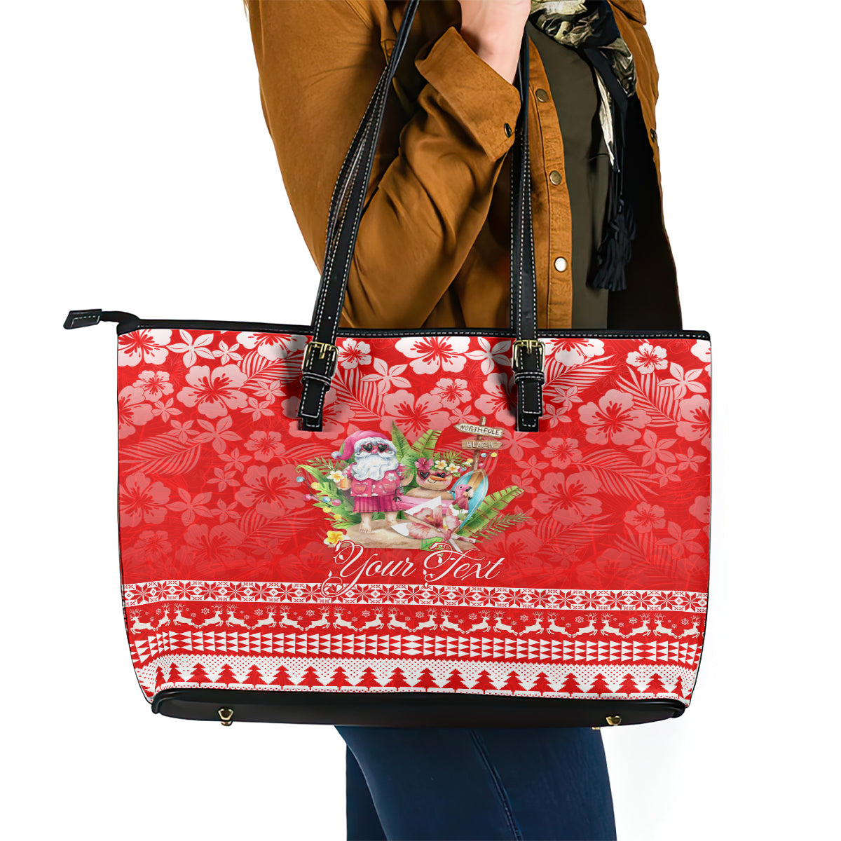 Personalised Hawaii Mele Kalikimaka Leather Tote Bag Santa Beach Merry Christmas LT9
