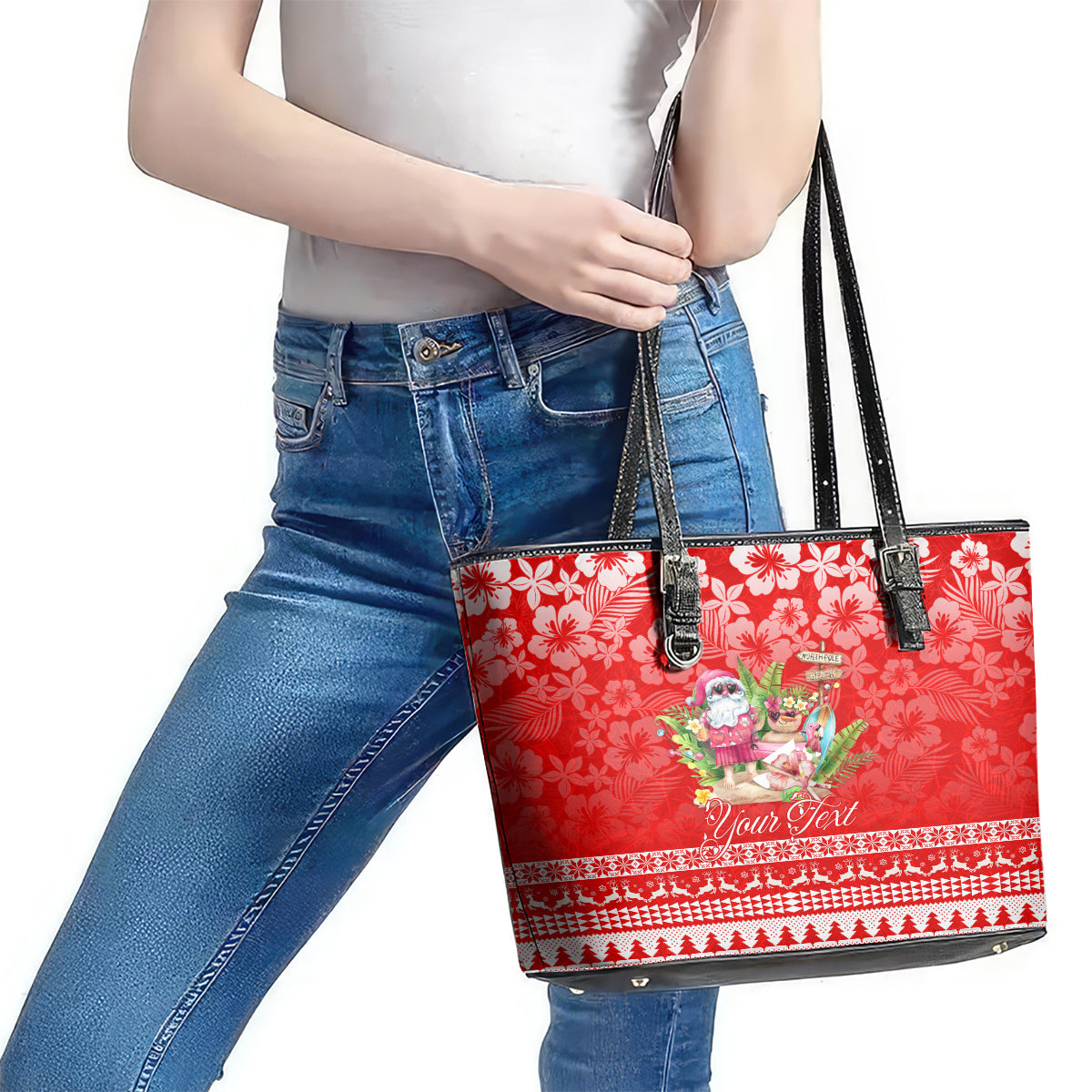 Personalised Hawaii Mele Kalikimaka Leather Tote Bag Santa Beach Merry Christmas LT9