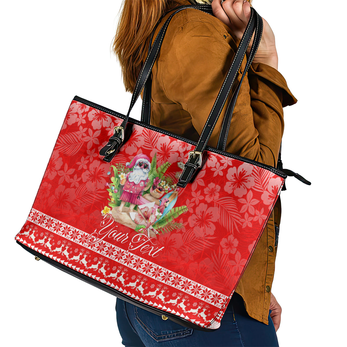 Personalised Hawaii Mele Kalikimaka Leather Tote Bag Santa Beach Merry Christmas LT9