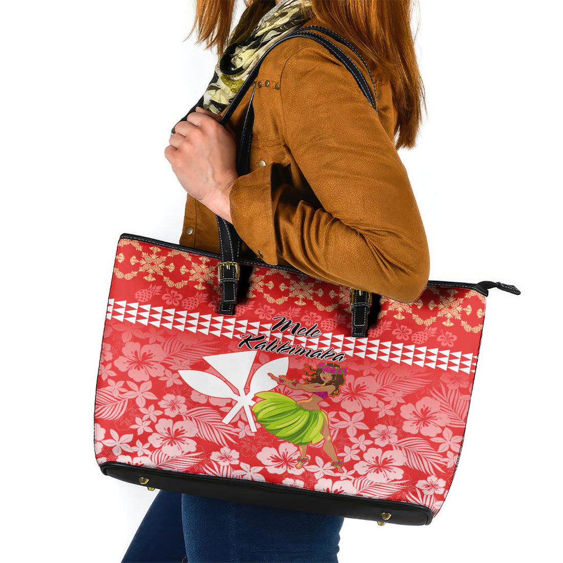 Hawaii Mele Kalikimaka Leather Tote Bag Santa Claus and Hula Dancing Merry Christmas LT9