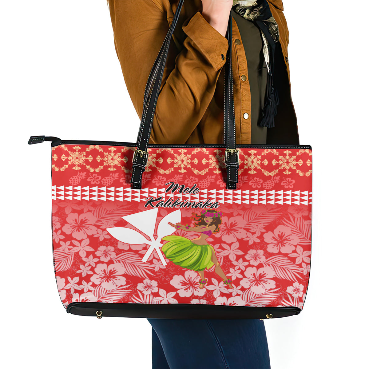 Hawaii Mele Kalikimaka Leather Tote Bag Santa Claus and Hula Dancing Merry Christmas LT9