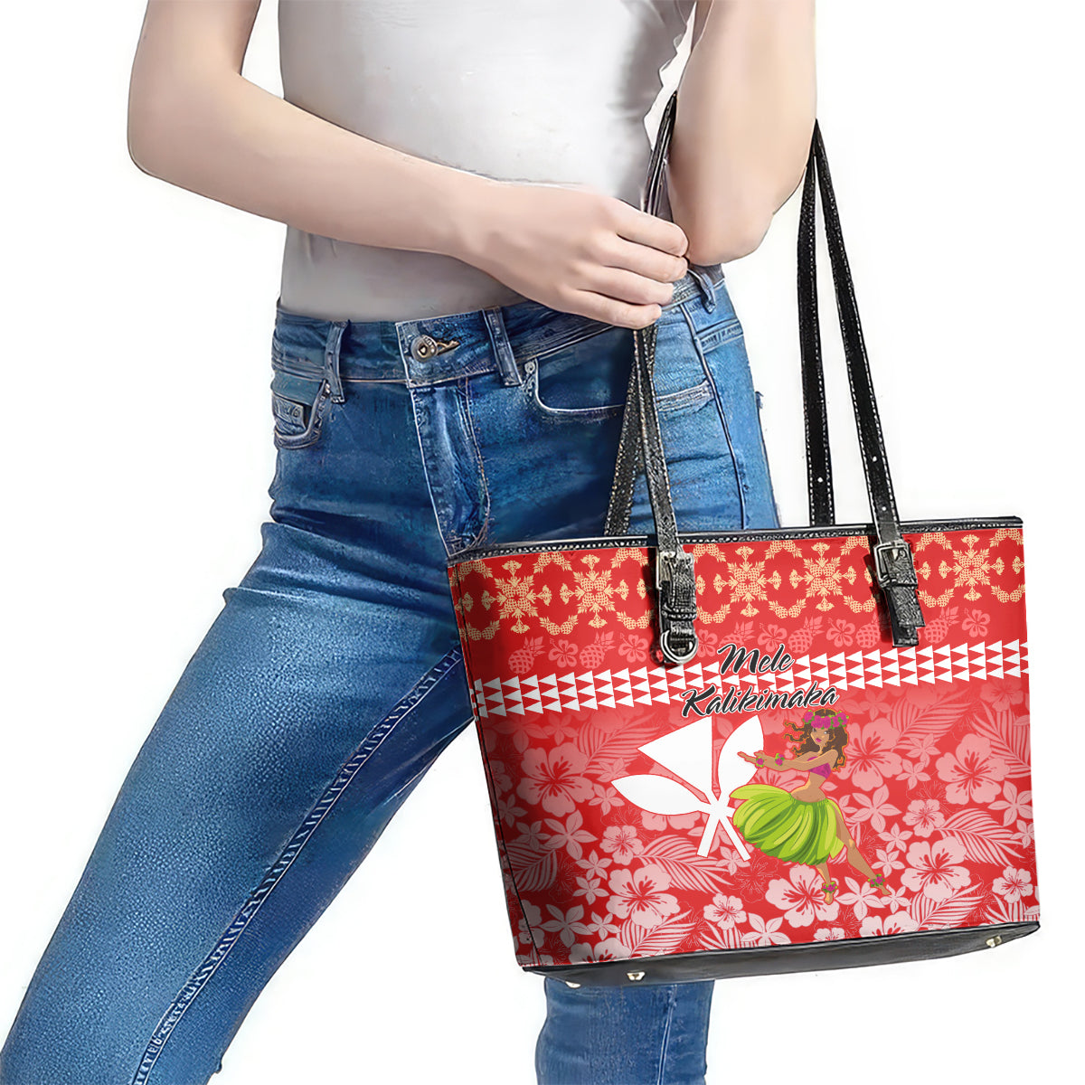 Hawaii Mele Kalikimaka Leather Tote Bag Santa Claus and Hula Dancing Merry Christmas LT9