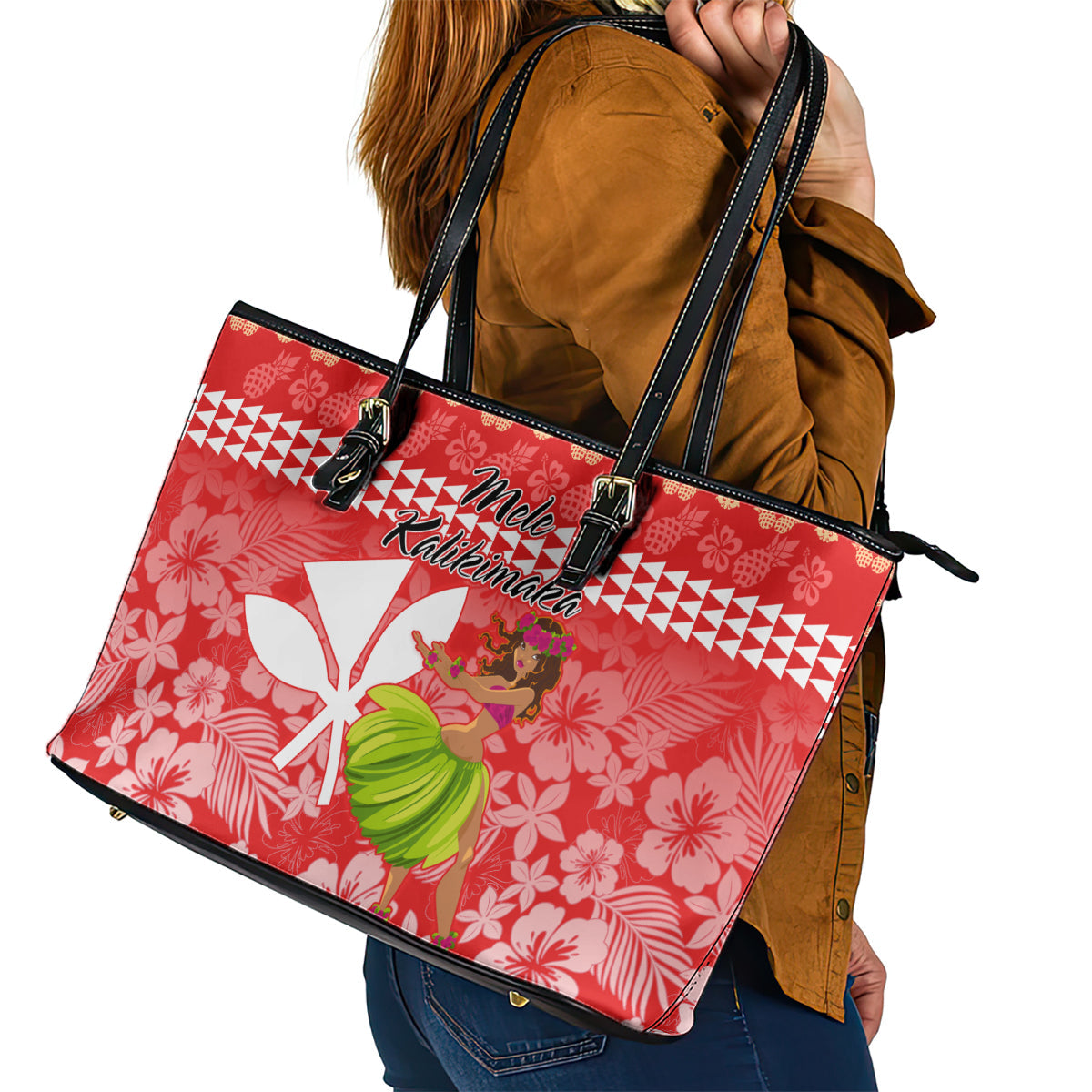 Hawaii Mele Kalikimaka Leather Tote Bag Santa Claus and Hula Dancing Merry Christmas LT9