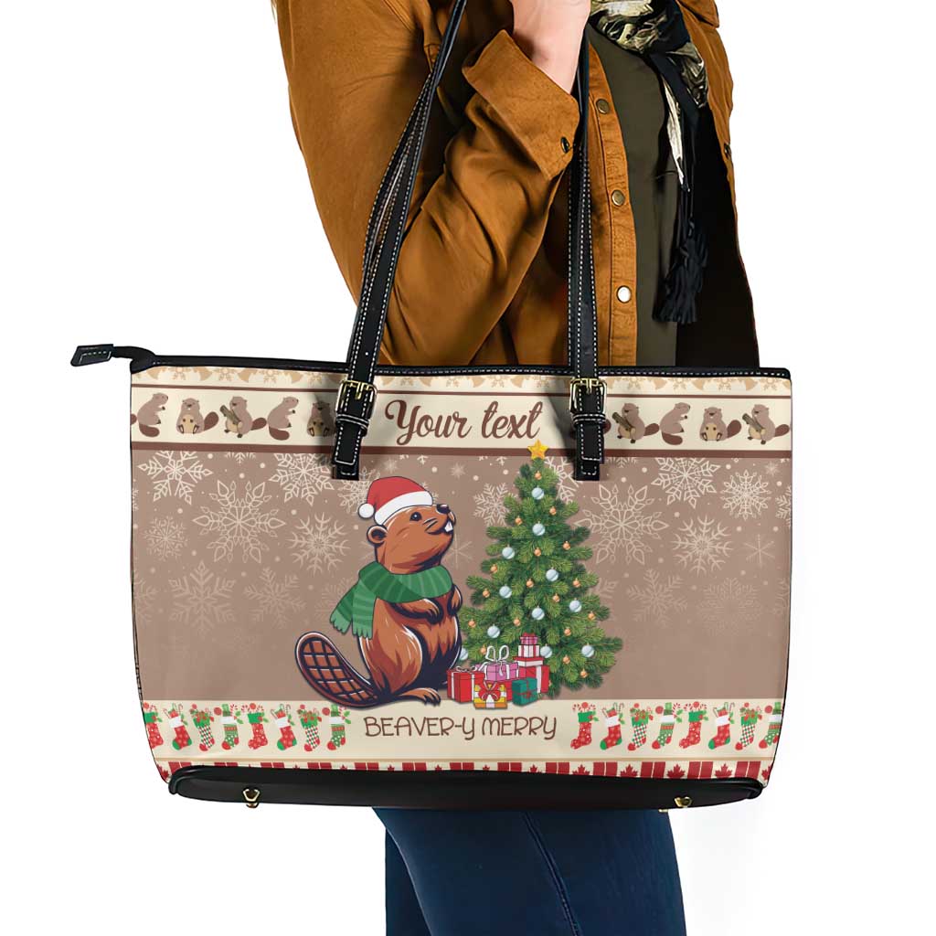 Personalized Beaver-y Merry Leather Tote Bag Canada Merry Christmas Beavers LT9