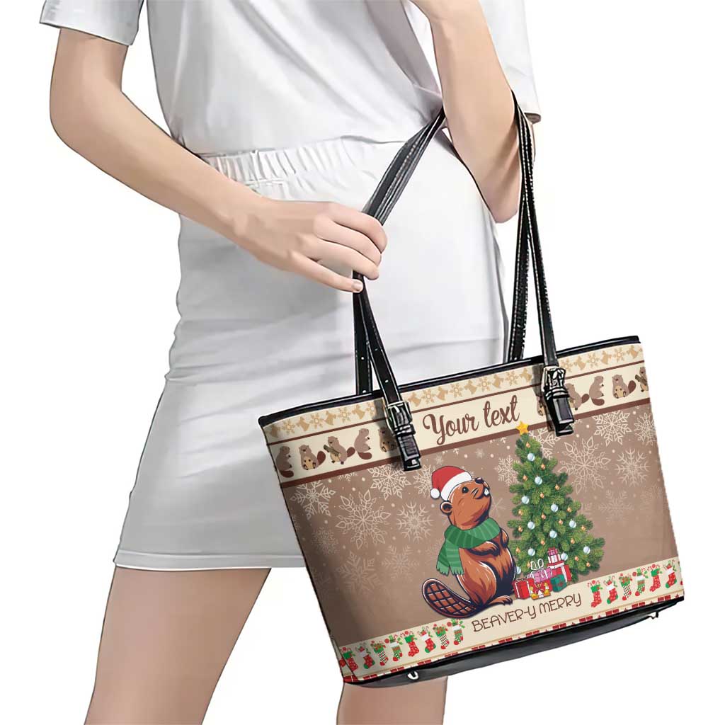 Personalized Beaver-y Merry Leather Tote Bag Canada Merry Christmas Beavers LT9