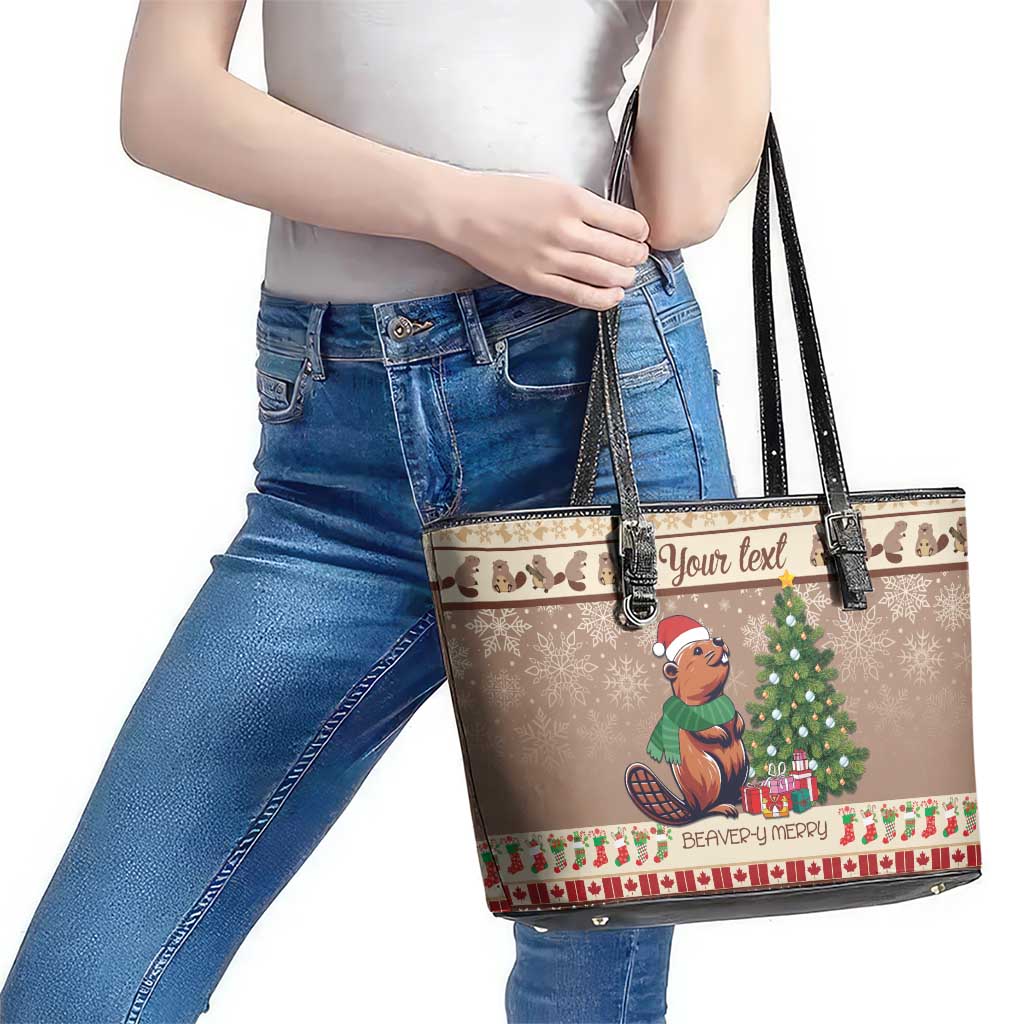 Personalized Beaver-y Merry Leather Tote Bag Canada Merry Christmas Beavers LT9