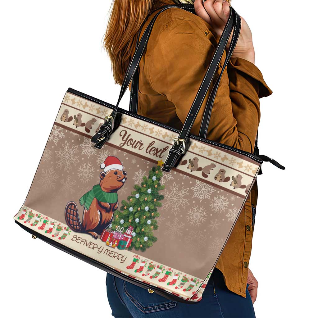 Personalized Beaver-y Merry Leather Tote Bag Canada Merry Christmas Beavers LT9