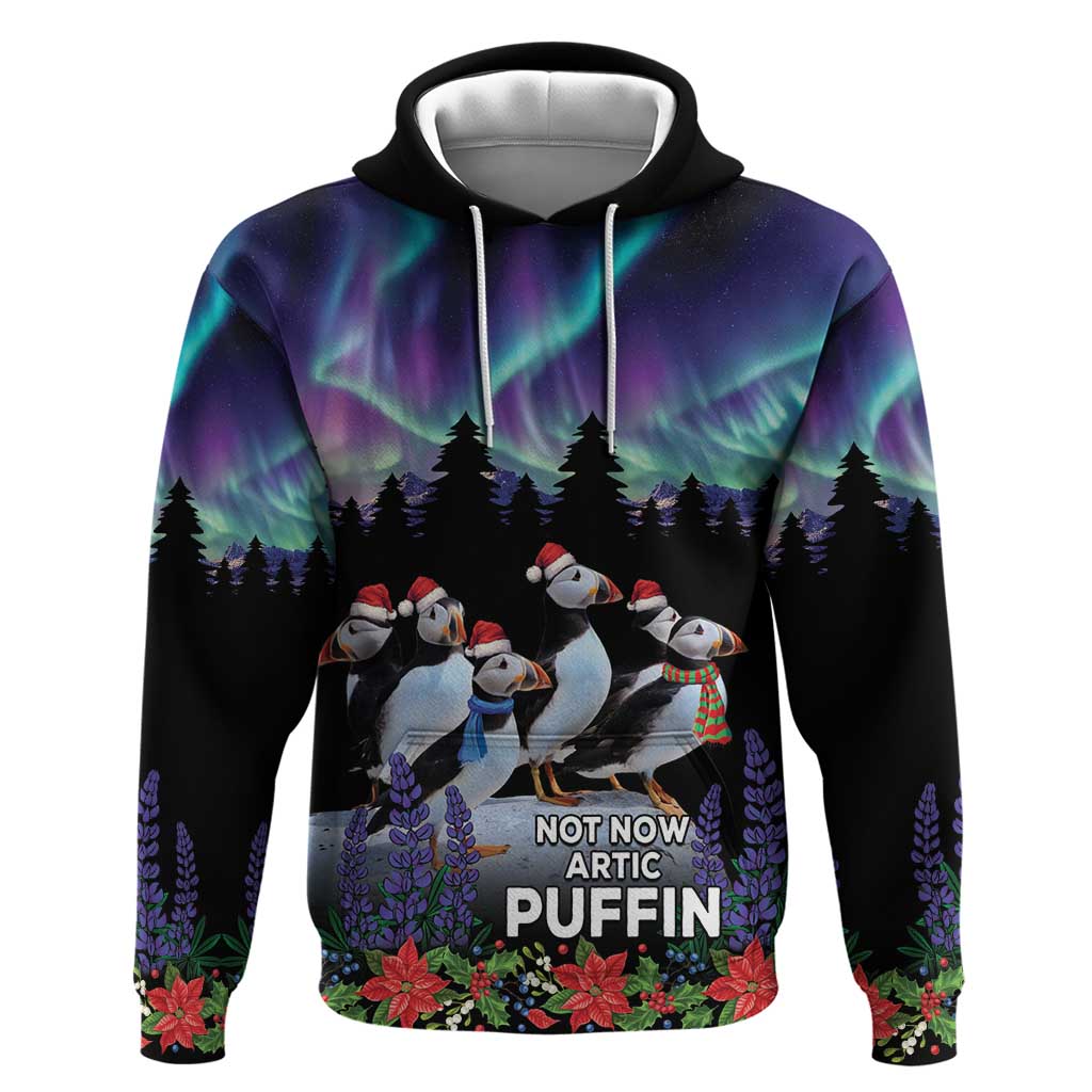 Personalized Not Now Arctic Puffin Hoodie Icelandic Christmas with Northern Lights LT9