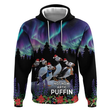 Personalized Not Now Arctic Puffin Hoodie Icelandic Christmas with Northern Lights LT9