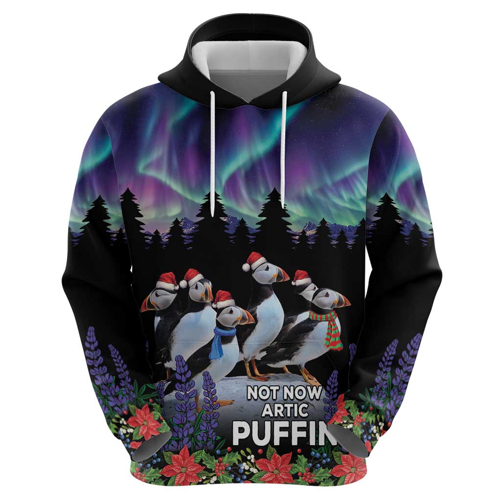 Personalized Not Now Arctic Puffin Hoodie Icelandic Christmas with Northern Lights LT9